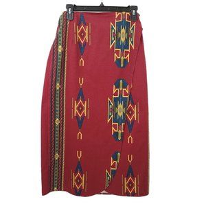 Sonyelle Southwestern Print Midi Wrap Skirt Small Vintage Cotton Burgundy Blue
